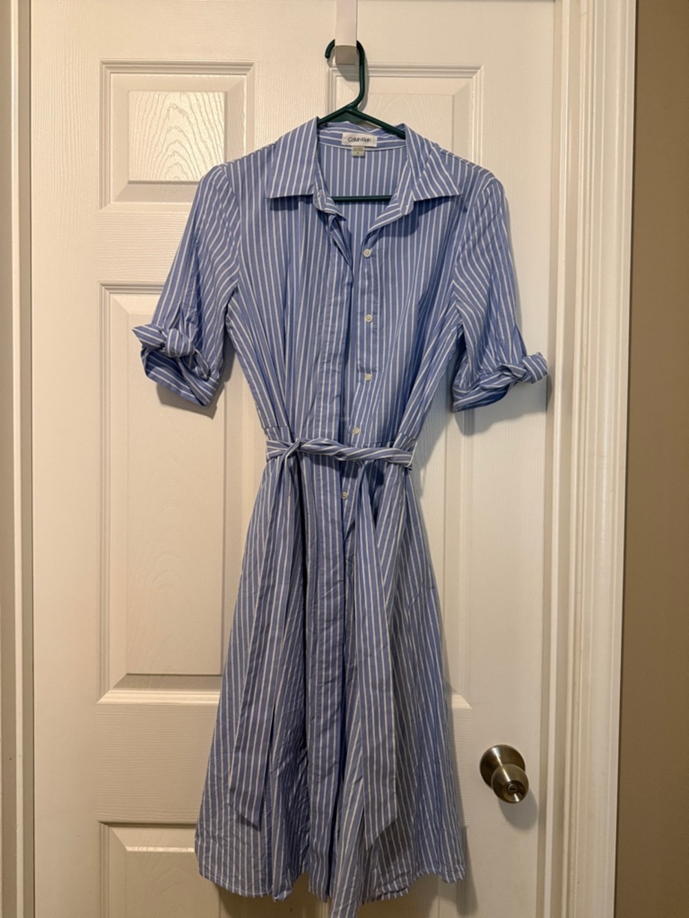 Calvin Klein Blue and White Striped Midi Shirt Dress